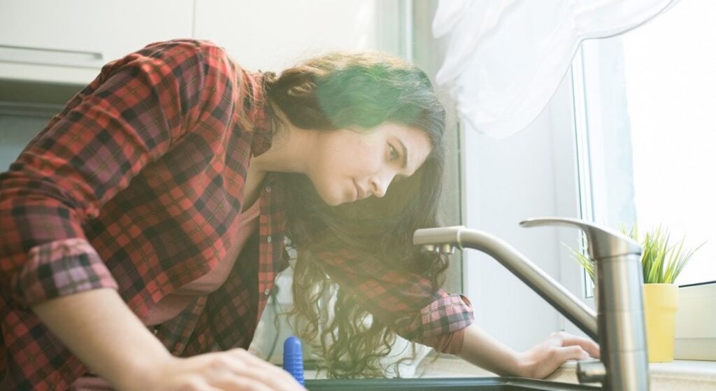 Woman in red plaid shirt operates a modern chrome kitchen faucet at the sink near a potted plant.