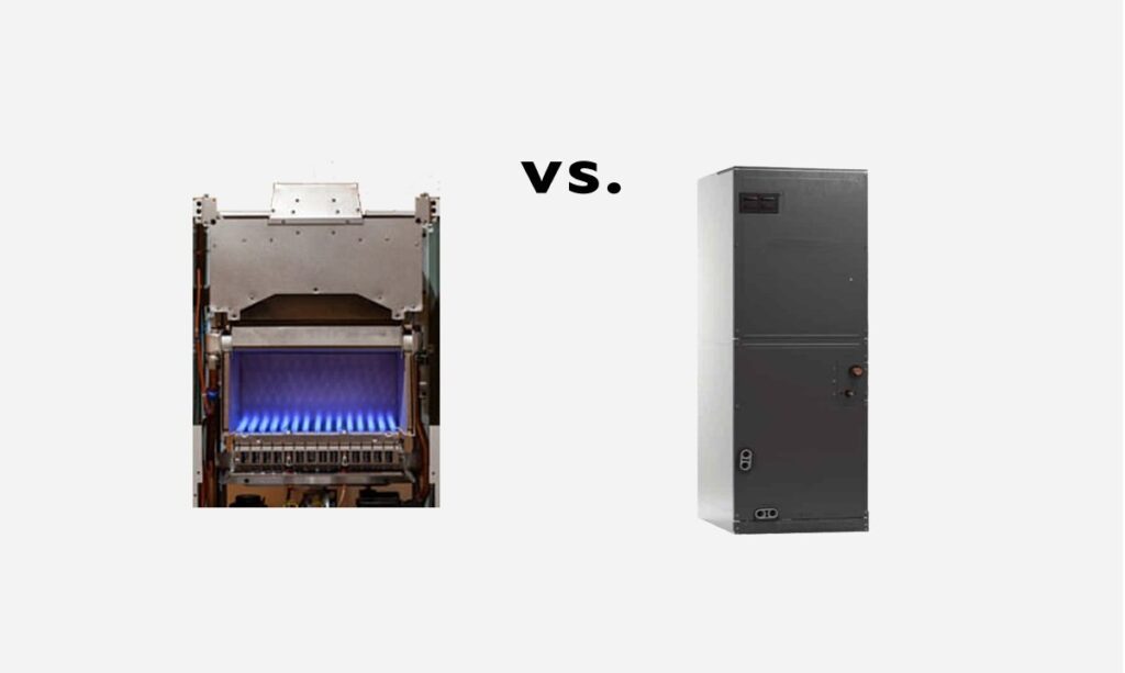 Side-by-side comparison of a gas fireplace insert with blue flames and an electric furnace unit.
