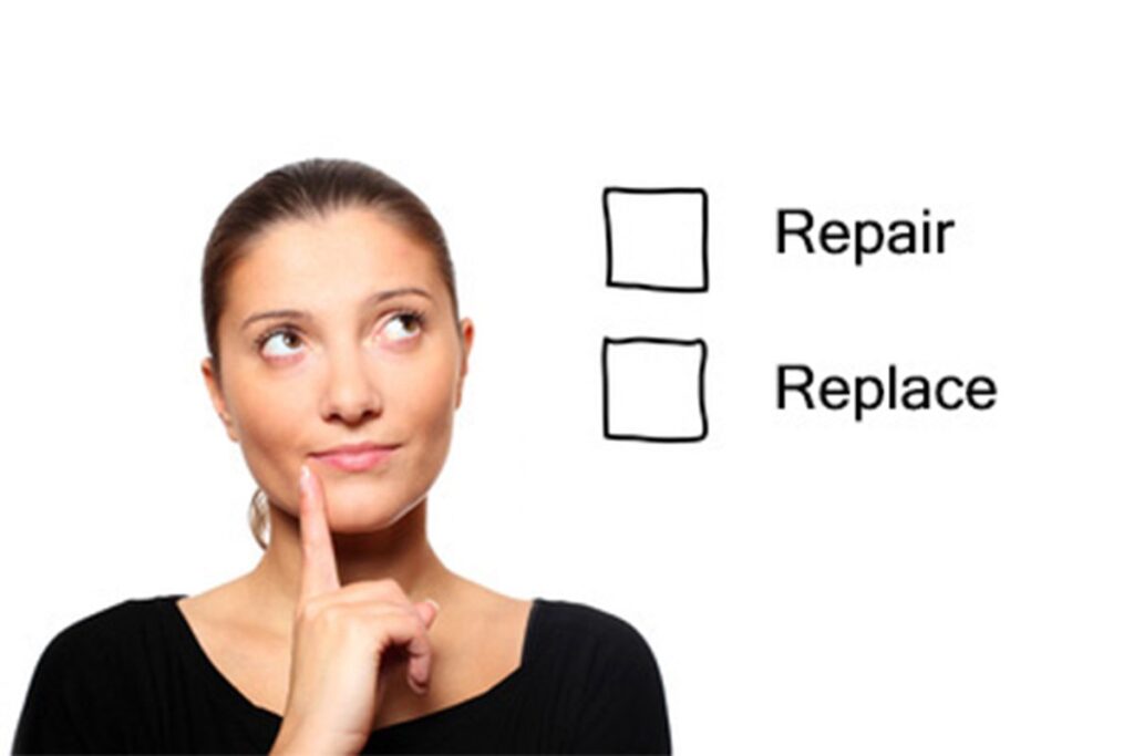 Woman in thoughtful pose with finger to chin, considering two checkbox options labeled Repair and Replace.