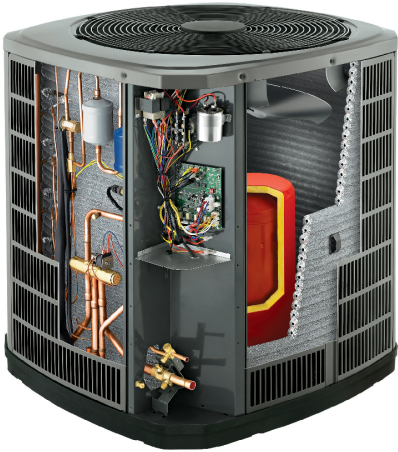 Cutaway view of an AC condenser unit showing internal parts including compressor, fan motor, refrigerant lines, and electrical wiring.