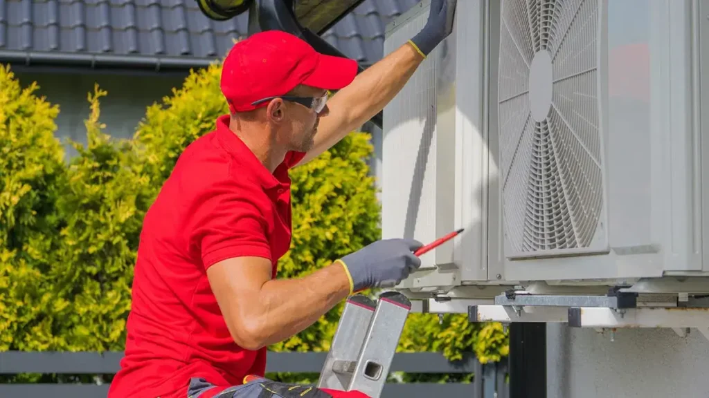 Professional technician in red uniform servicing an outdoor heat pump condenser unit with tools and diagnostic equipment.