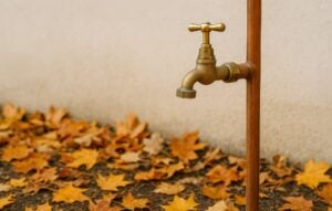 Vintage brass garden tap mounted on wooden pipe with fallen autumn leaves scattered on ground below.