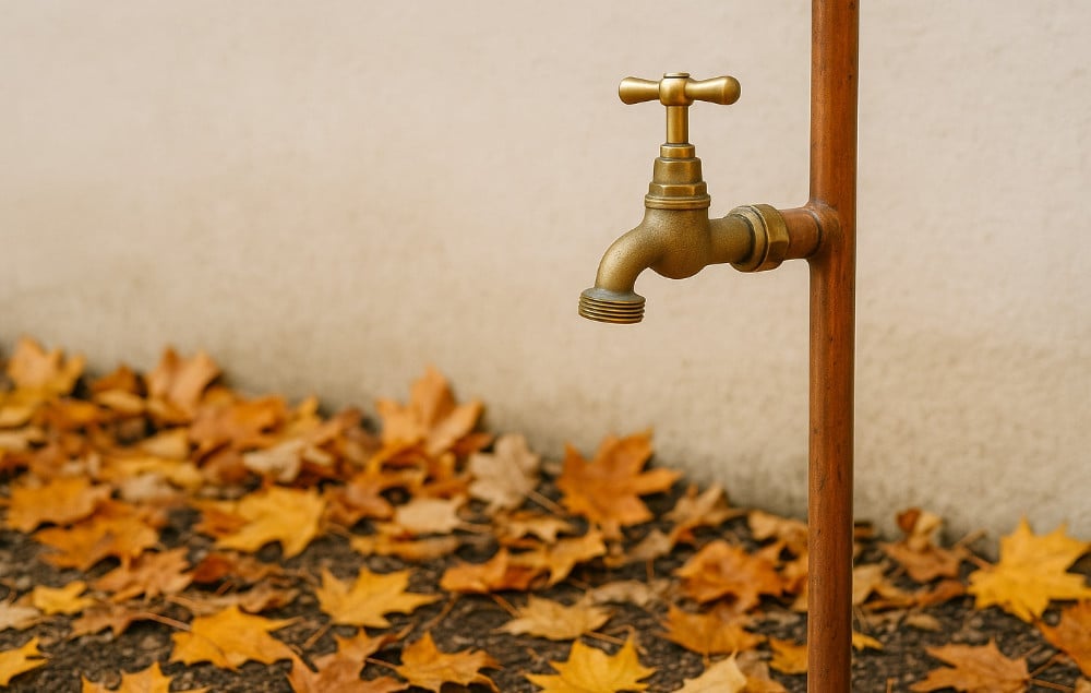 Vintage brass garden tap mounted on wooden pipe with fallen autumn leaves scattered on ground below.