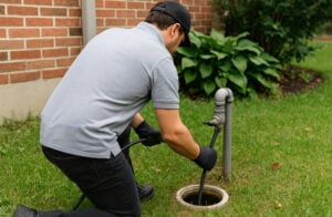 Technician in gray shirt and black gloves inspecting residential sewer line opening in lawn near brick house.