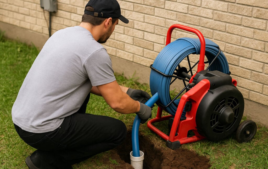 Technician in black cap and gloves operates red and blue trenchless pipe repair machine with coiled cable on residential lawn.