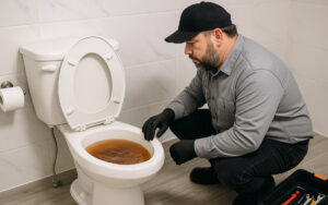 Plumber servicing a clogged toilet.