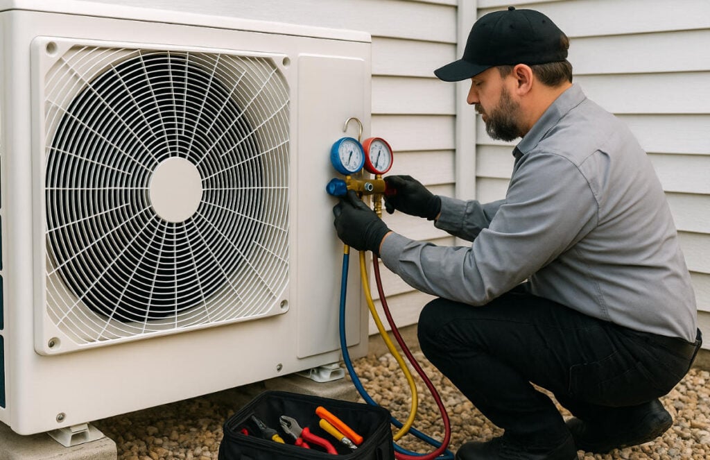 Professional technician in gray shirt and black cap crouching while using diagnostic gauges to service an outdoor heat pump condenser unit.