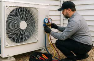 HVAC technician servicing the outdoor unit of a heat pump.