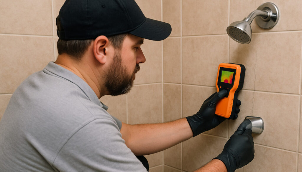 Technician using orange thermal imaging camera to detect leaks behind bathroom shower fixtures and tile wall.