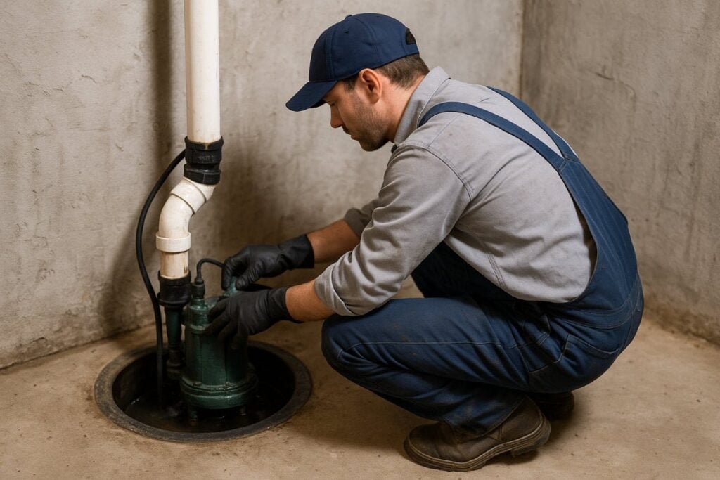 Male technician in blue cap and work gloves crouching to inspect a green sump pump installation in a basement.