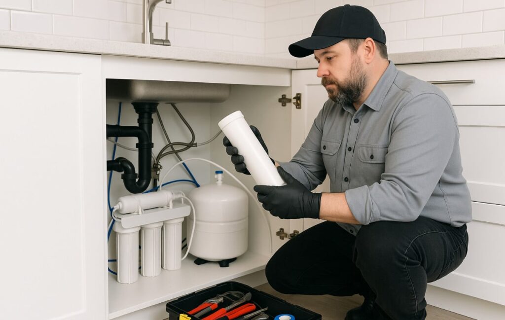 Plumber in black cap and gray shirt examines replacement filter cartridge under kitchen sink with water filtration system installed.