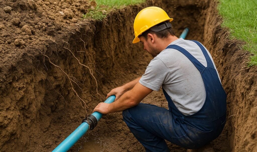 Construction worker in yellow hard hat and overalls installing blue PVC water pipe in excavated trench with soil walls.