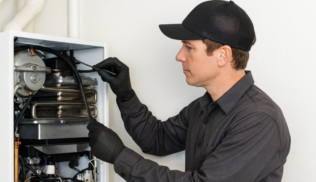 HVAC technician in black cap and gloves performing maintenance on an indoor hybrid heating system unit mounted on wall.