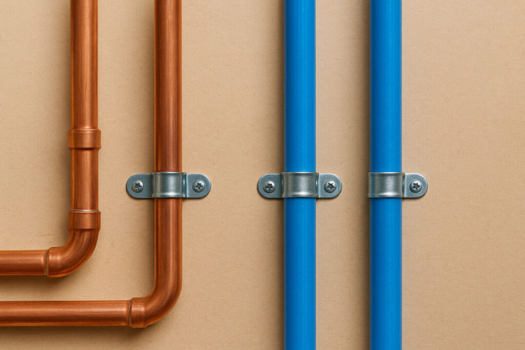 Copper and blue PEX pipes mounted on a beige wall with metal U-bracket clamps securing them in place.
