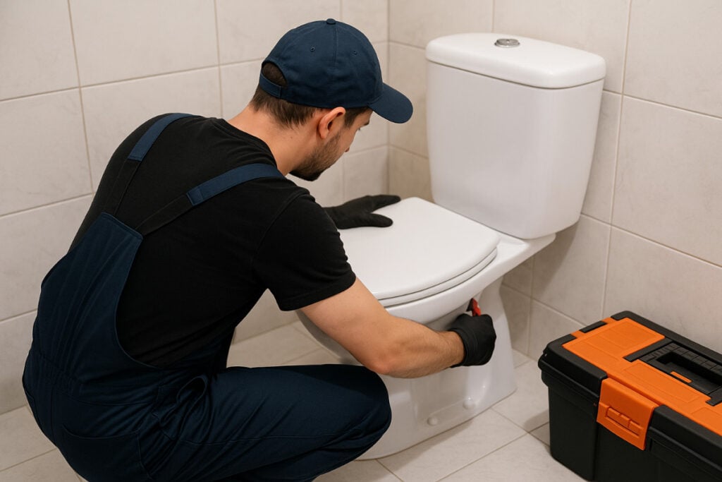 Professional plumber in work uniform and cap adjusting a white toilet seat in a tiled bathroom with toolbox nearby.