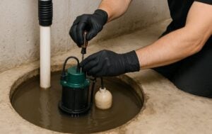 Technician in black gloves performing maintenance on a green and black sump pump submerged in water-filled basement pit.
