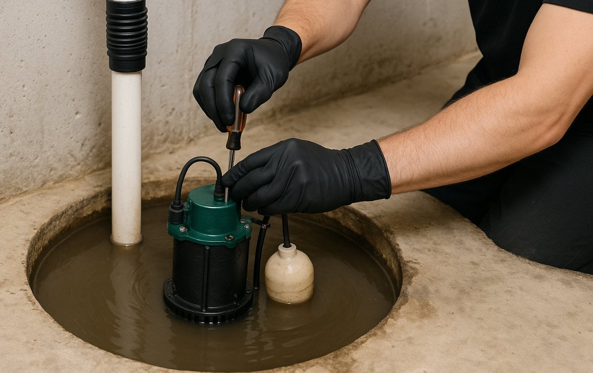 Technician in black gloves performing maintenance on a green and black sump pump submerged in water-filled basement pit.