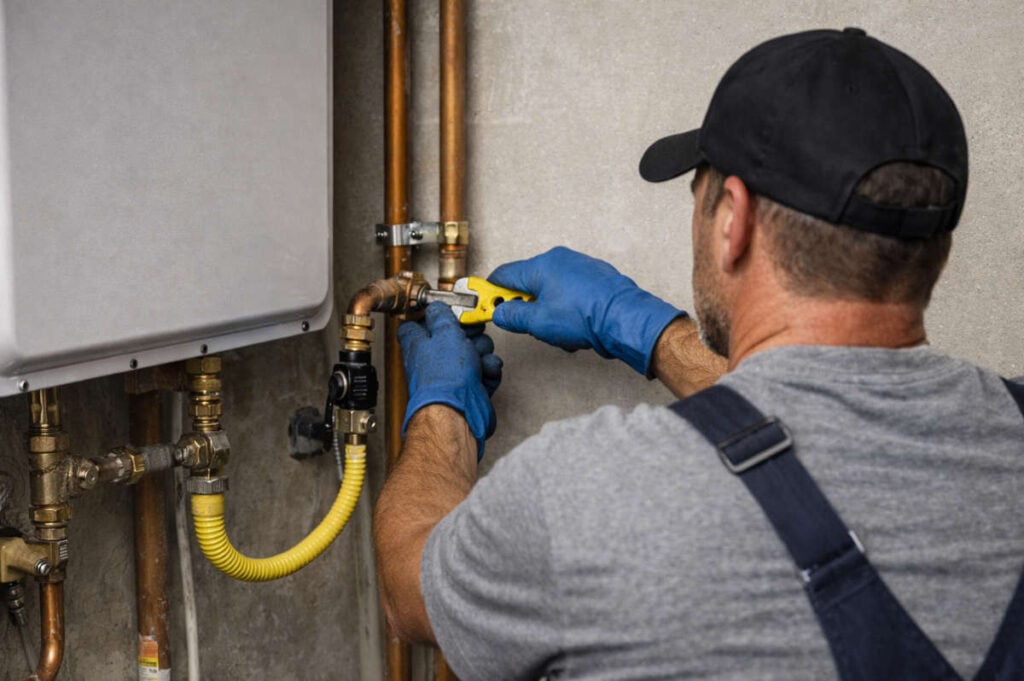 Plumber in blue gloves connecting yellow gas line to water heater with wrench.