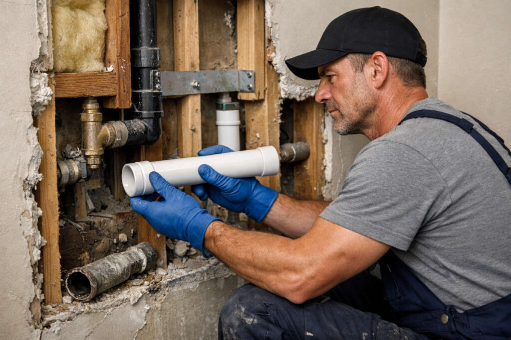 Plumber wearing blue gloves installs white PVC pipe in wall cavity with existing copper and black pipes visible.