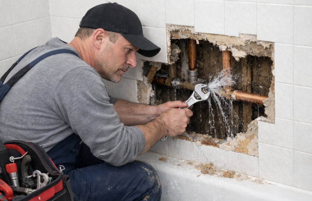 Plumber using wrench to repair burst pipes in wall cavity with water damage and deteriorated drywall visible.