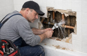 Plumber using wrench to repair burst pipes in wall cavity with water damage and deteriorated drywall visible.