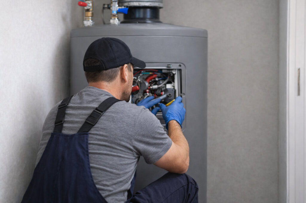Professional plumber wearing blue gloves and work clothes inspecting internal components of a residential water heater unit.