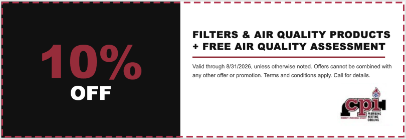 CPI Plumbing coupon offering 10% off filters and air quality products plus free air quality assessment valid through 8/31/2026.