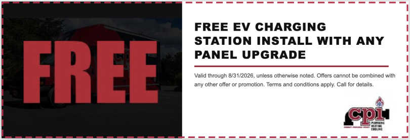 CPI promotional offer displaying FREE EV charging station installation with any panel upgrade valid through 8/31/2026.