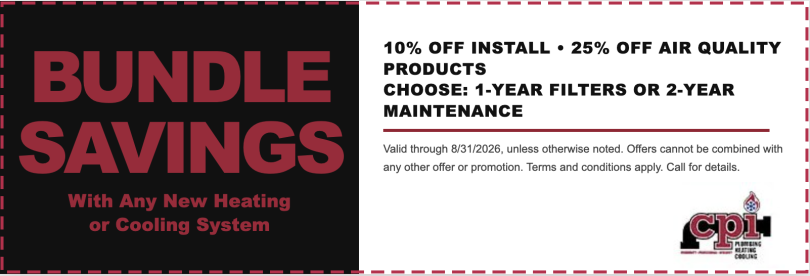 CPI promotional coupon offering 10% off installation and 25% off air quality products with new heating or cooling system purchase through 8/31/2026.