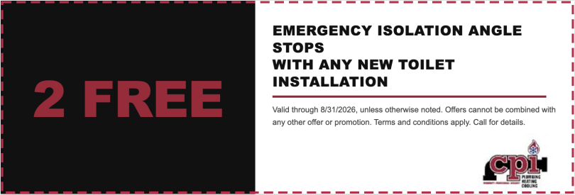 Promotional coupon offering 2 free emergency isolation angle stops with new toilet installation, valid through 8/31/2026 from CPI Plumbing.