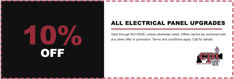 Promotional coupon offering 10% off all electrical panel upgrades, valid through 8/31/2026, from CPI Plumbing, Heating, Cooling & Electrical.